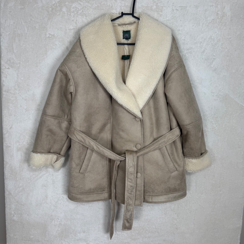 Serpa Lined Faux Shearling Belted Coat Cozy Teddy WInter Jacket Beige Size L NWT